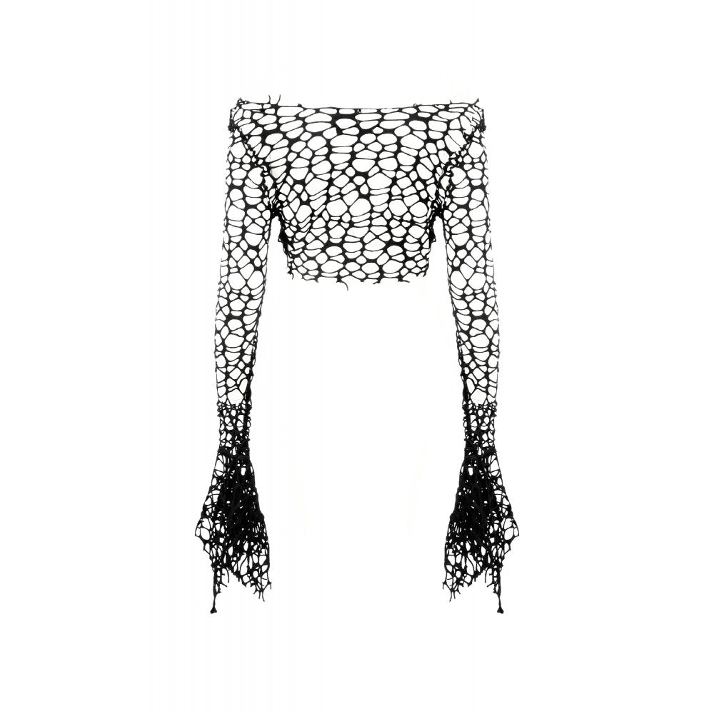 Dark in Love Women's Crop Top Morana Mesh Crochet Knit Bell Sleeve - Sleeve Detail - QHA UK