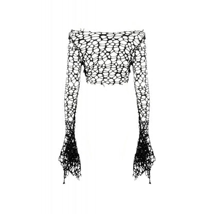 Dark in Love Women's Crop Top Morana Mesh Crochet Knit Bell Sleeve - Sleeve Detail - QHA UK