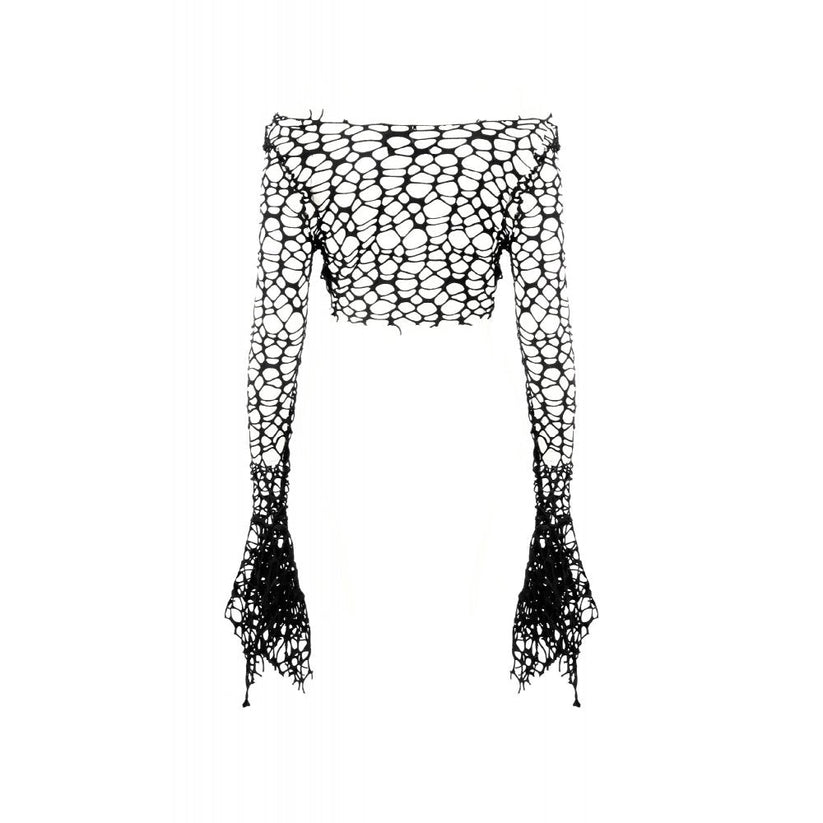 Dark in Love Women's Crop Top Morana Mesh Crochet Knit Bell Sleeve - Sleeve Detail - QHA UK