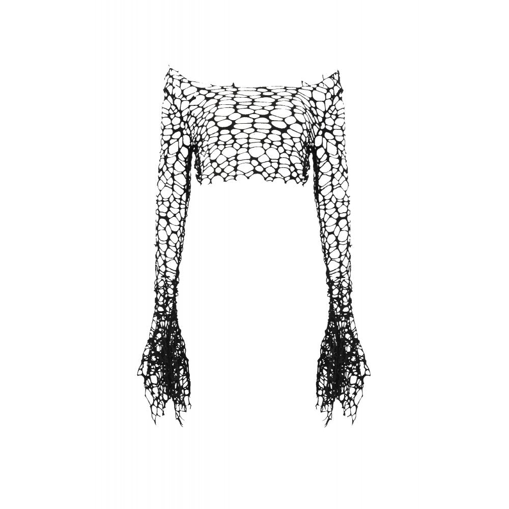 Dark in Love Women's Crop Top Morana Mesh Crochet Knit Bell Sleeve - Sleeve Detail - QHA UK