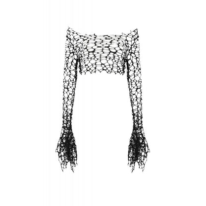 Dark in Love Women's Crop Top Morana Mesh Crochet Knit Bell Sleeve - Sleeve Detail - QHA UK
