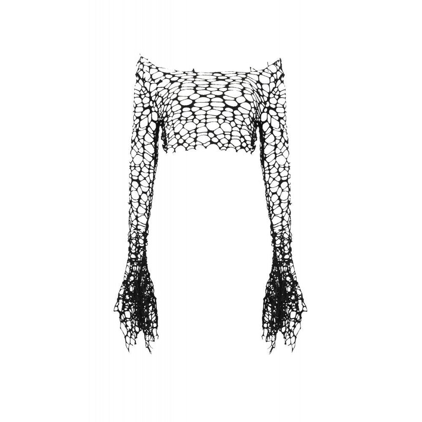 Dark in Love Women's Crop Top Morana Mesh Crochet Knit Bell Sleeve - Sleeve Detail - QHA UK