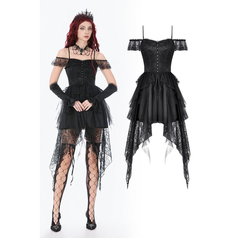 Dark in Love Gothic Dress Morgana Off-Shoulder Lace Hem UK 8-22 - QHA UK