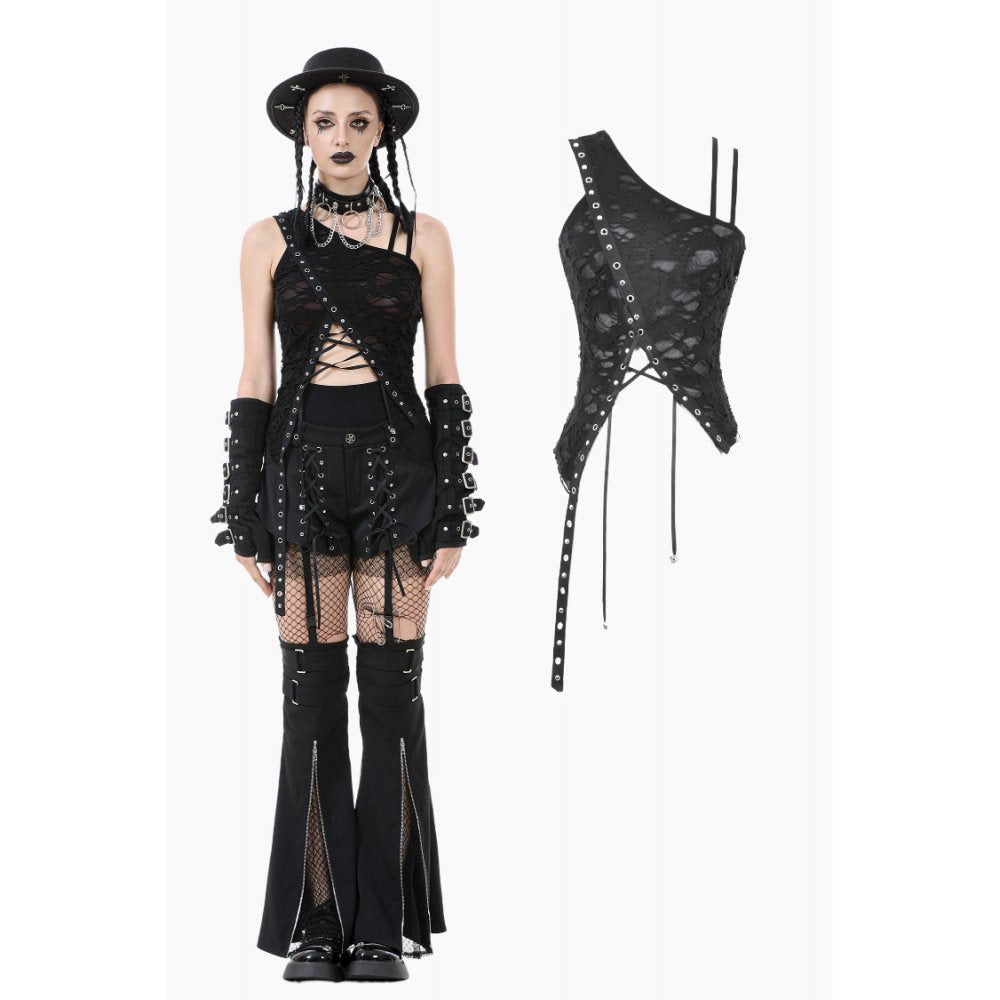Dark in Love Women's Gothic Blouse Morrigan One-Shoulder Lace Top - QHA UK