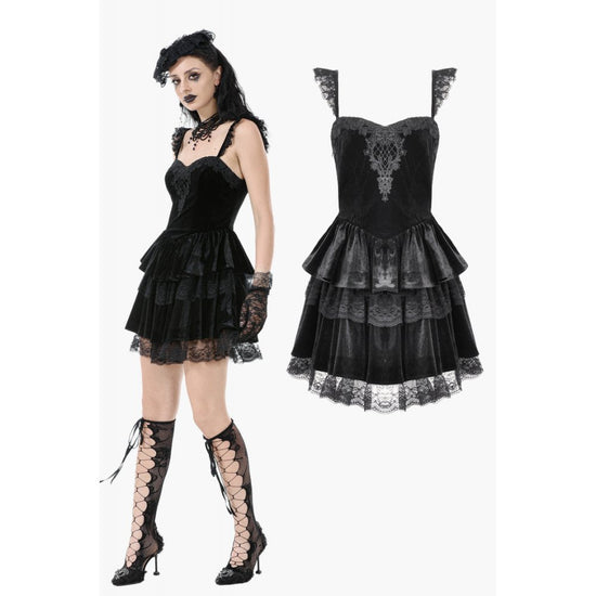 Dark in Love Gothic Dress Nocturne Ruffled Velvet Lace Black UK 8-22 - QHA UK