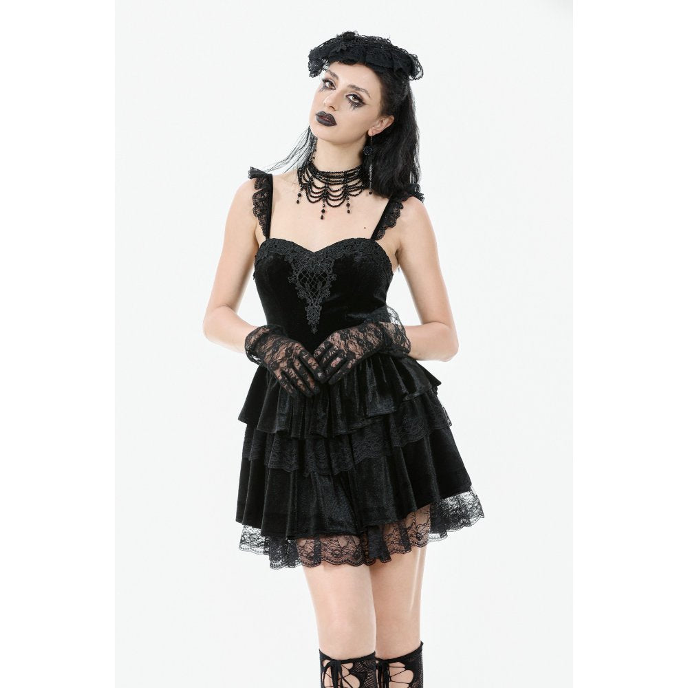 Dark in Love Gothic Dress Nocturne Ruffled Velvet Lace Black UK 8-22 - QHA UK