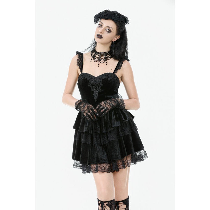 Dark in Love Gothic Dress Nocturne Ruffled Velvet Lace Black UK 8-22 - QHA UK