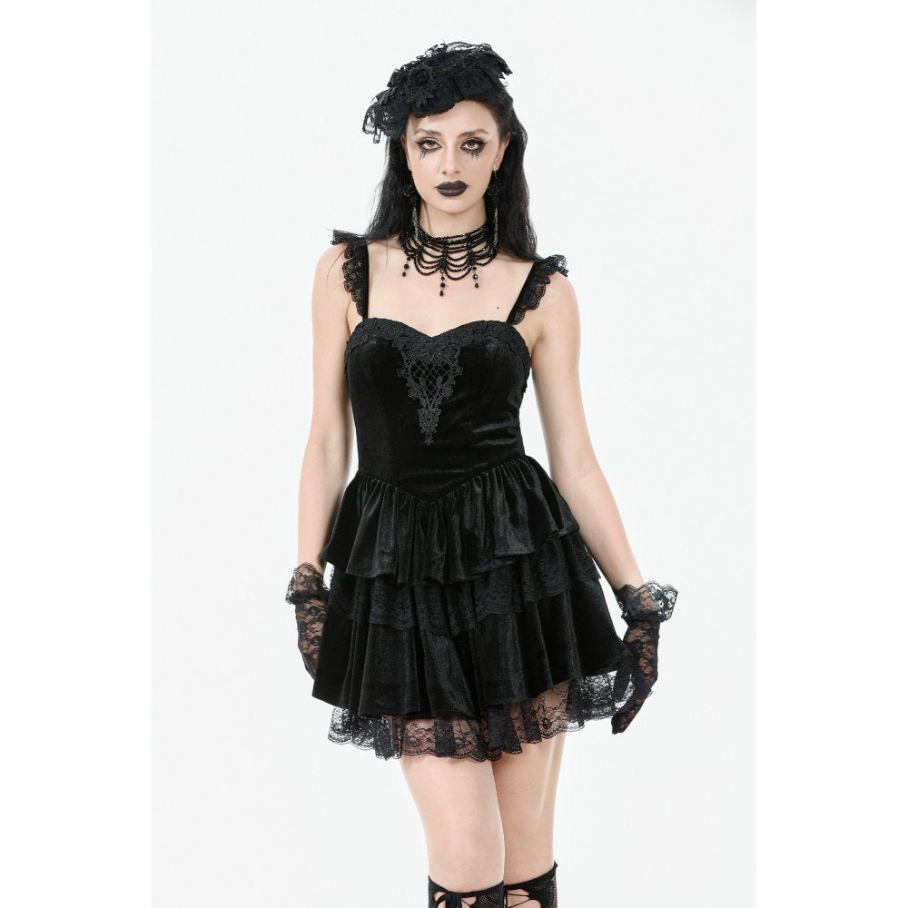 Dark in Love Gothic Dress Nocturne Ruffled Velvet Lace Black UK 8-22 - QHA UK
