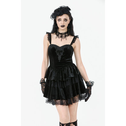 Dark in Love Gothic Dress Nocturne Ruffled Velvet Lace Black UK 8-22 - QHA UK