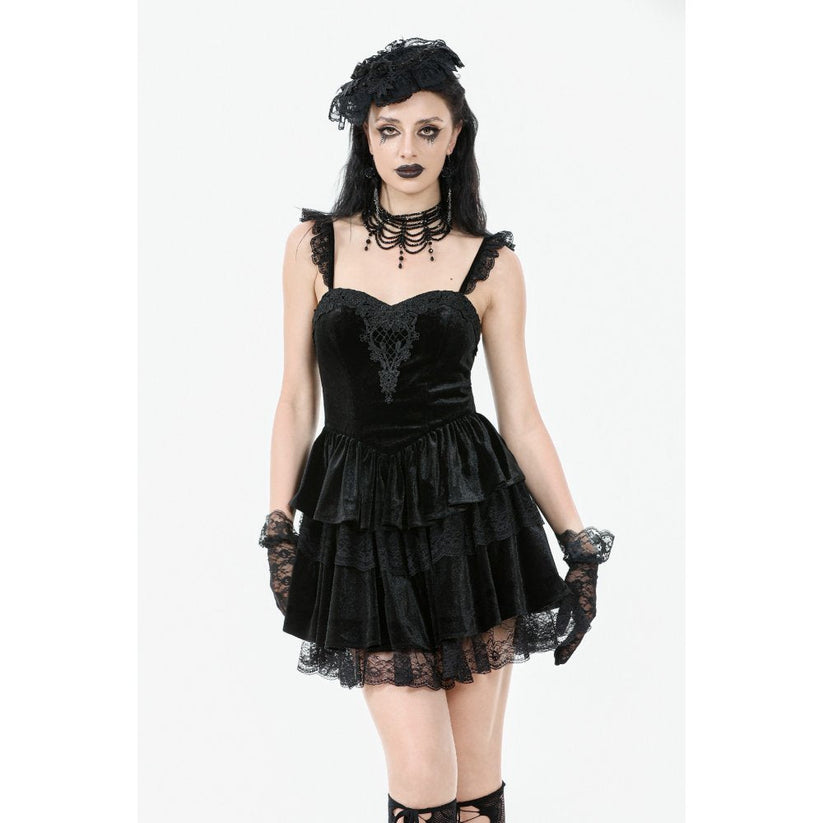 Dark in Love Gothic Dress Nocturne Ruffled Velvet Lace Black UK 8-22 - QHA UK