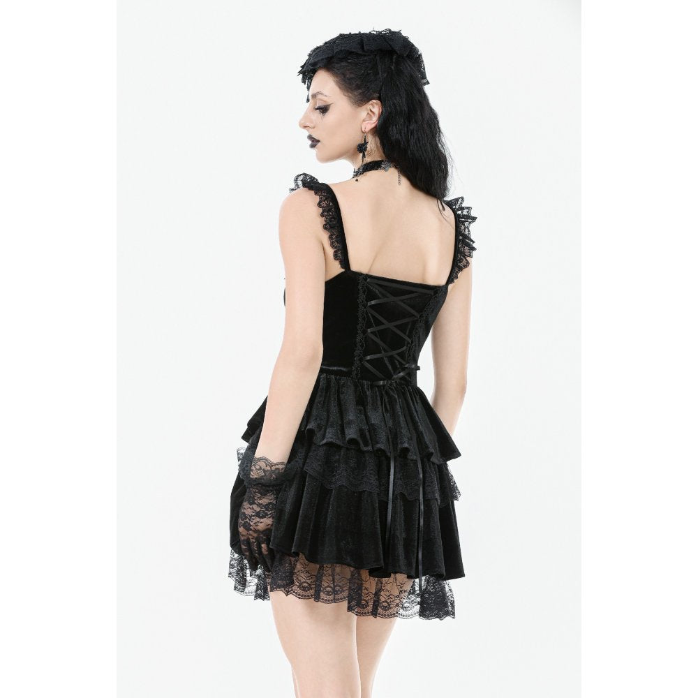 Dark in Love Gothic Dress Nocturne Ruffled Velvet Lace Black UK 8-22 - QHA UK
