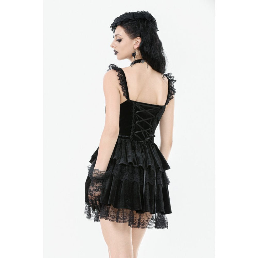 Dark in Love Gothic Dress Nocturne Ruffled Velvet Lace Black UK 8-22 - QHA UK