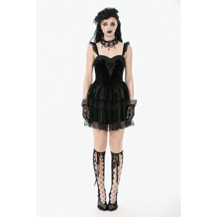 Dark in Love Gothic Dress Nocturne Ruffled Velvet Lace Black UK 8-22 - QHA UK