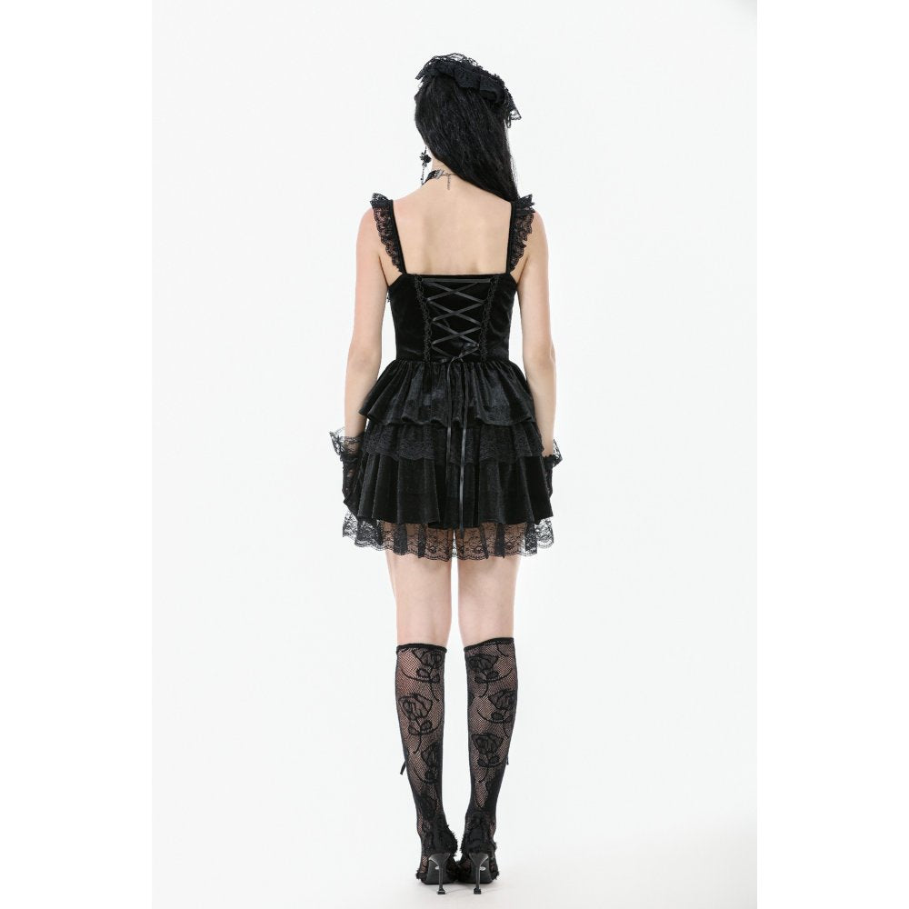 Dark in Love Gothic Dress Nocturne Ruffled Velvet Lace Black UK 8-22 - QHA UK