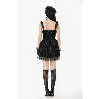Dark in Love Gothic Dress Nocturne Ruffled Velvet Lace Black UK 8-22 - QHA UK