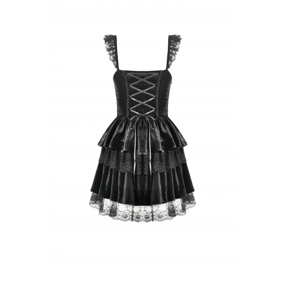 Dark in Love Gothic Dress Nocturne Ruffled Velvet Lace Black UK 8-22 - QHA UK