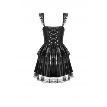 Dark in Love Gothic Dress Nocturne Ruffled Velvet Lace Black UK 8-22 - QHA UK