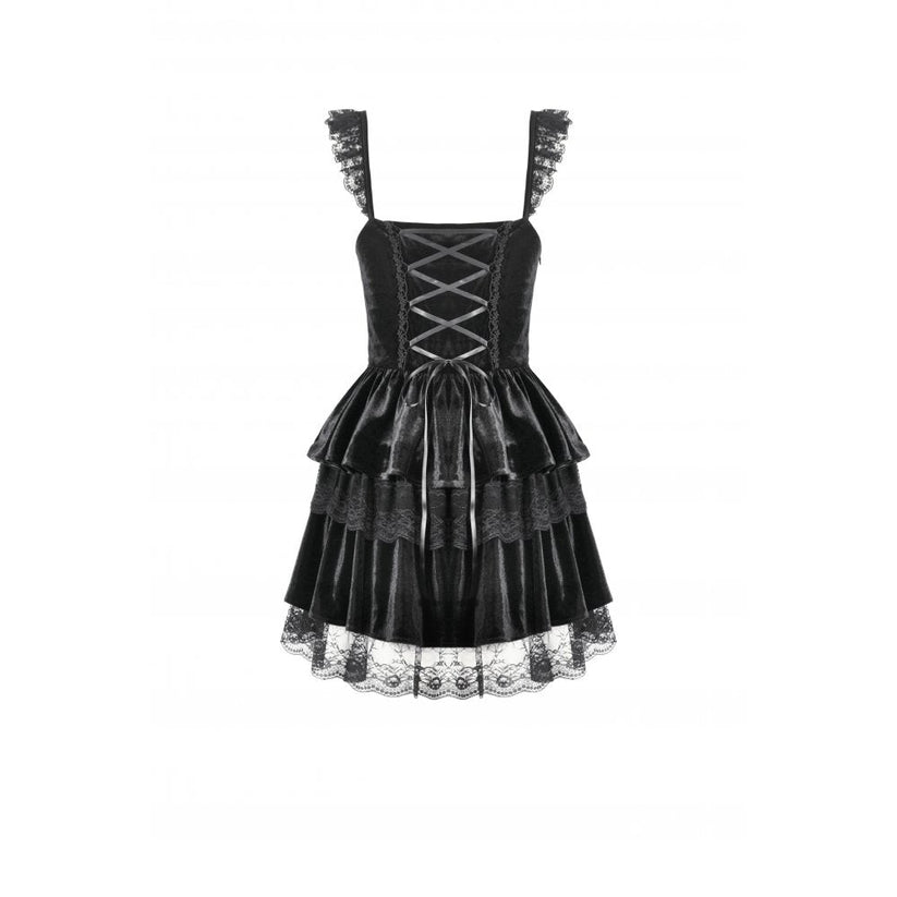 Dark in Love Gothic Dress Nocturne Ruffled Velvet Lace Black UK 8-22 - QHA UK