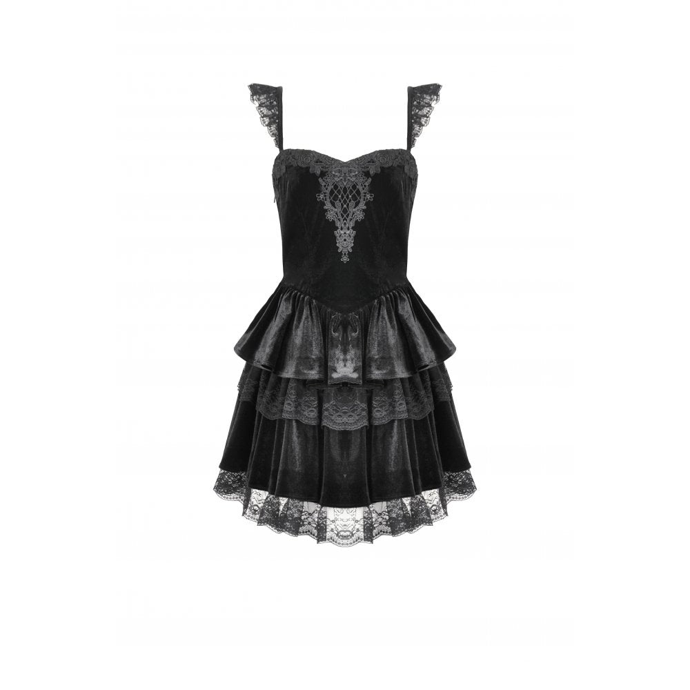 Dark in Love Gothic Dress Nocturne Ruffled Velvet Lace Black UK 8-22 - QHA UK