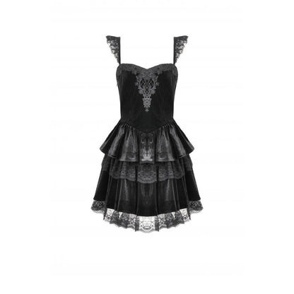 Dark in Love Gothic Dress Nocturne Ruffled Velvet Lace Black UK 8-22 - QHA UK