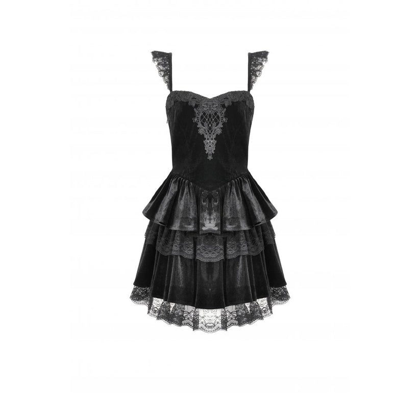 Dark in Love Gothic Dress Nocturne Ruffled Velvet Lace Black UK 8-22 - QHA UK