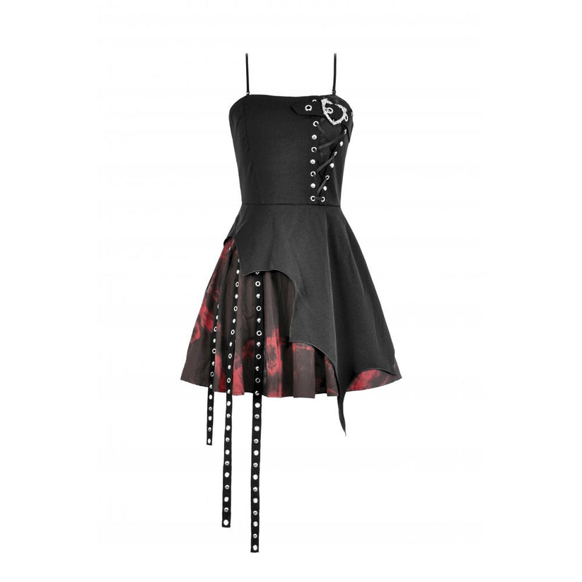 Dark in Love Gothic Mini Dress Nyssa Black and Red Strap Detail - QHA UK