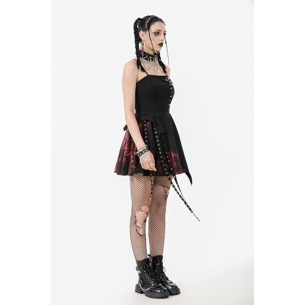 Dark in Love Gothic Mini Dress Nyssa Black and Red Strap Detail - QHA UK