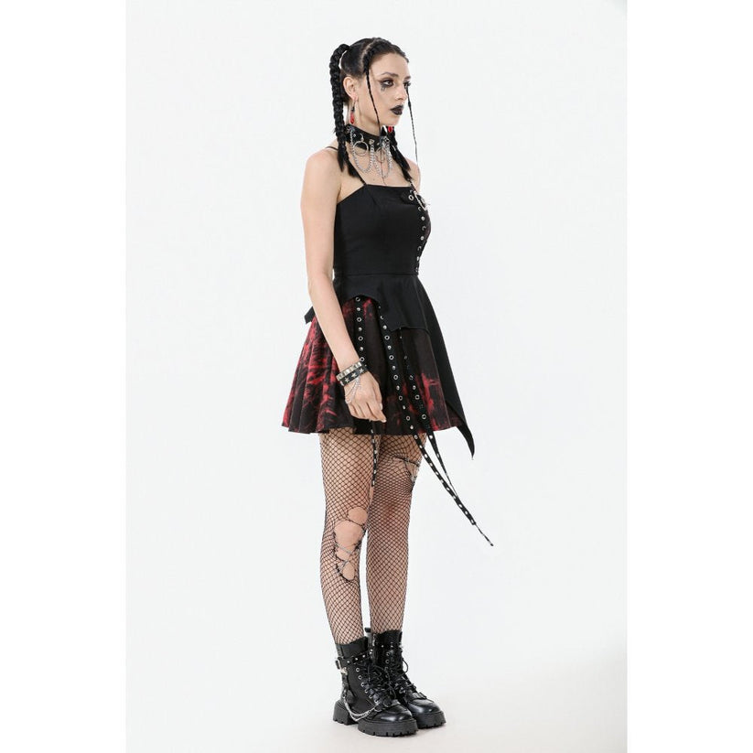 Dark in Love Gothic Mini Dress Nyssa Black and Red Strap Detail - QHA UK
