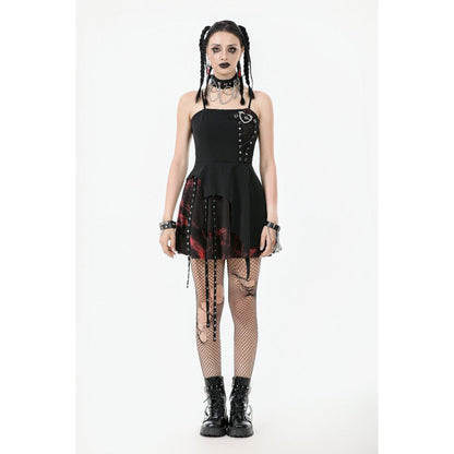 Dark in Love Gothic Mini Dress Nyssa Black and Red Strap Detail - QHA UK