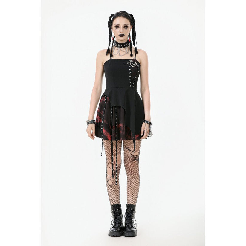 Dark in Love Gothic Mini Dress Nyssa Black and Red Strap Detail - QHA UK