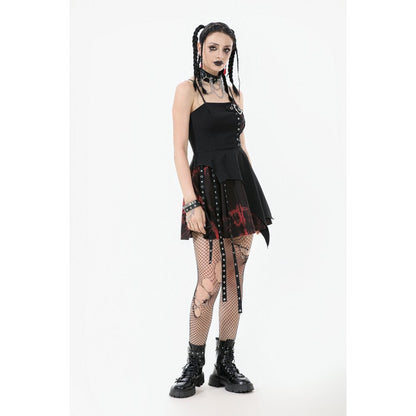 Dark in Love Gothic Mini Dress Nyssa Black and Red Strap Detail - QHA UK
