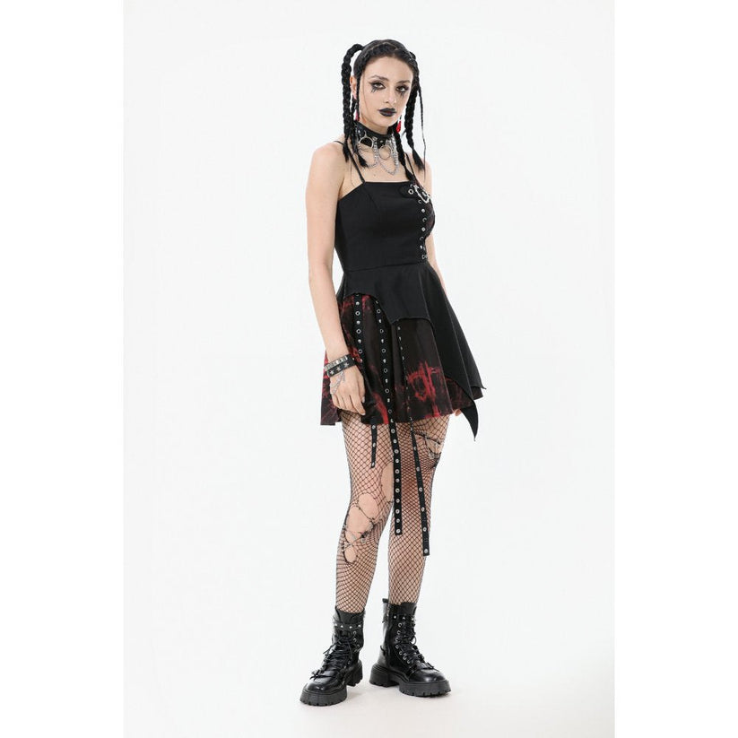 Dark in Love Gothic Mini Dress Nyssa Black and Red Strap Detail - QHA UK