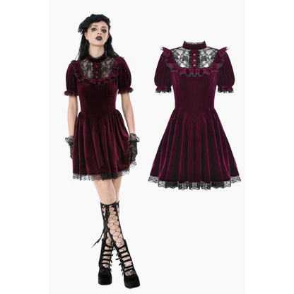 Dark in Love Gothic Dress Ophelia Lace Collar Burgundy Velvet UK 8-22 - QHA UK