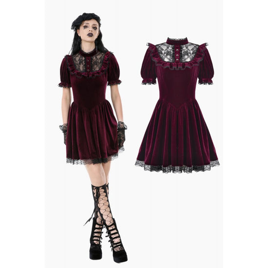 Dark in Love Gothic Dress Ophelia Lace Collar Burgundy Velvet UK 8-22 - QHA UK