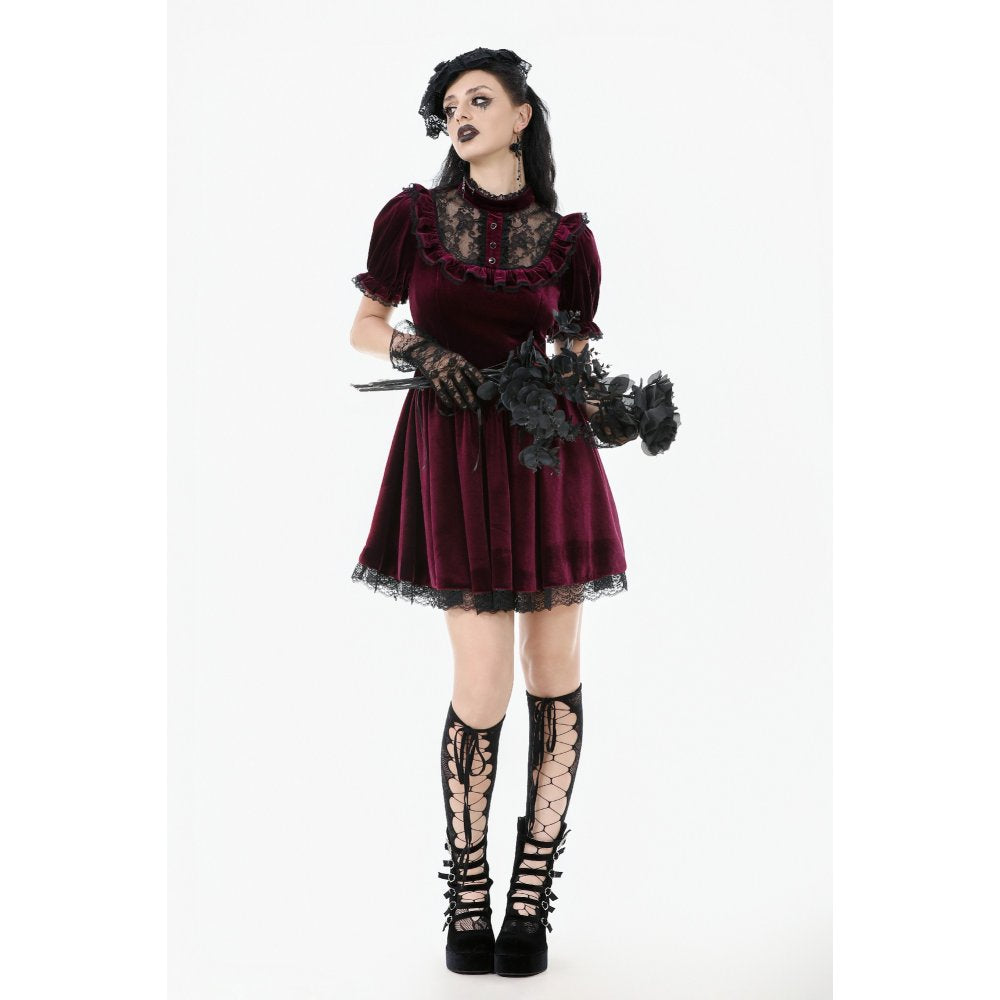 Dark in Love Gothic Dress Ophelia Lace Collar Burgundy Velvet UK 8-22 - Collar Detail - QHA UK