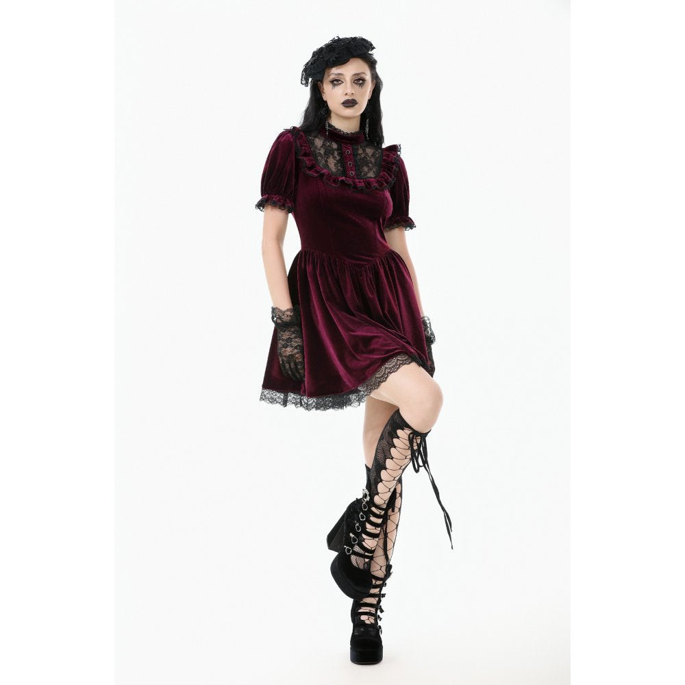 Dark in Love Gothic Dress Ophelia Lace Collar Burgundy Velvet UK 8-22 - Collar Detail - QHA UK