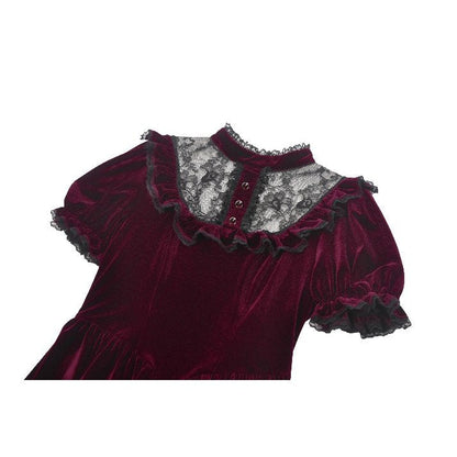 Dark in Love Gothic Dress Ophelia Lace Collar Burgundy Velvet UK 8-22 - Collar Detail - QHA UK