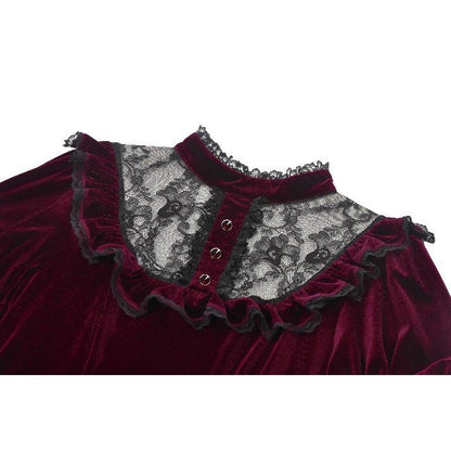 Dark in Love Gothic Dress Ophelia Lace Collar Burgundy Velvet UK 8-22 - Collar Detail - QHA UK