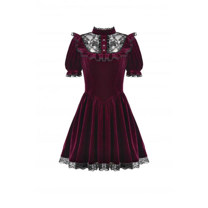 Dark in Love Gothic Dress Ophelia Lace Collar Burgundy Velvet UK 8-22 - Collar Detail - QHA UK