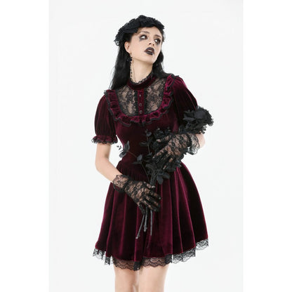 Dark in Love Gothic Dress Ophelia Lace Collar Burgundy Velvet UK 8-22 - Collar Detail - QHA UK