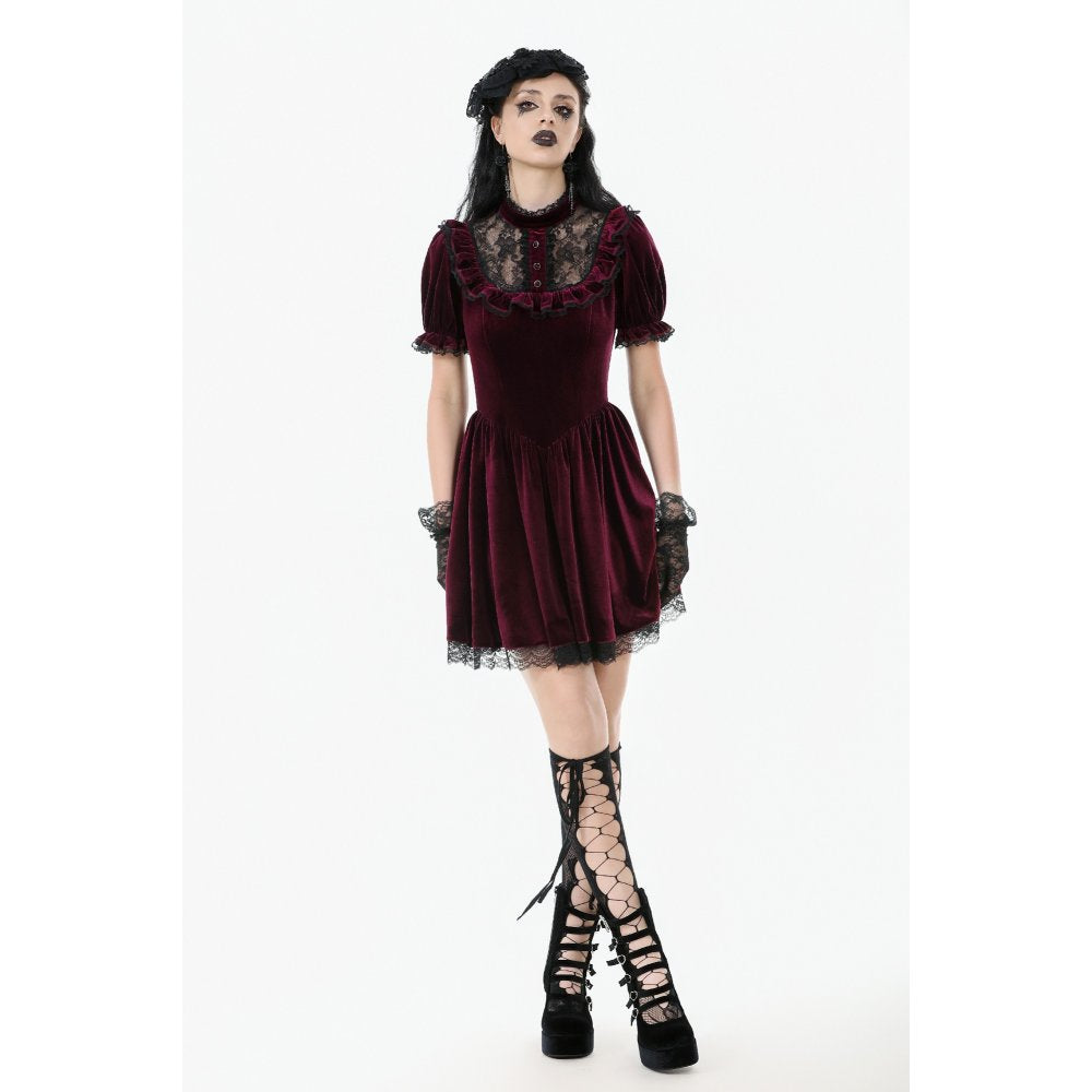Dark in Love Gothic Dress Ophelia Lace Collar Burgundy Velvet UK 8-22 - Collar Detail - QHA UK