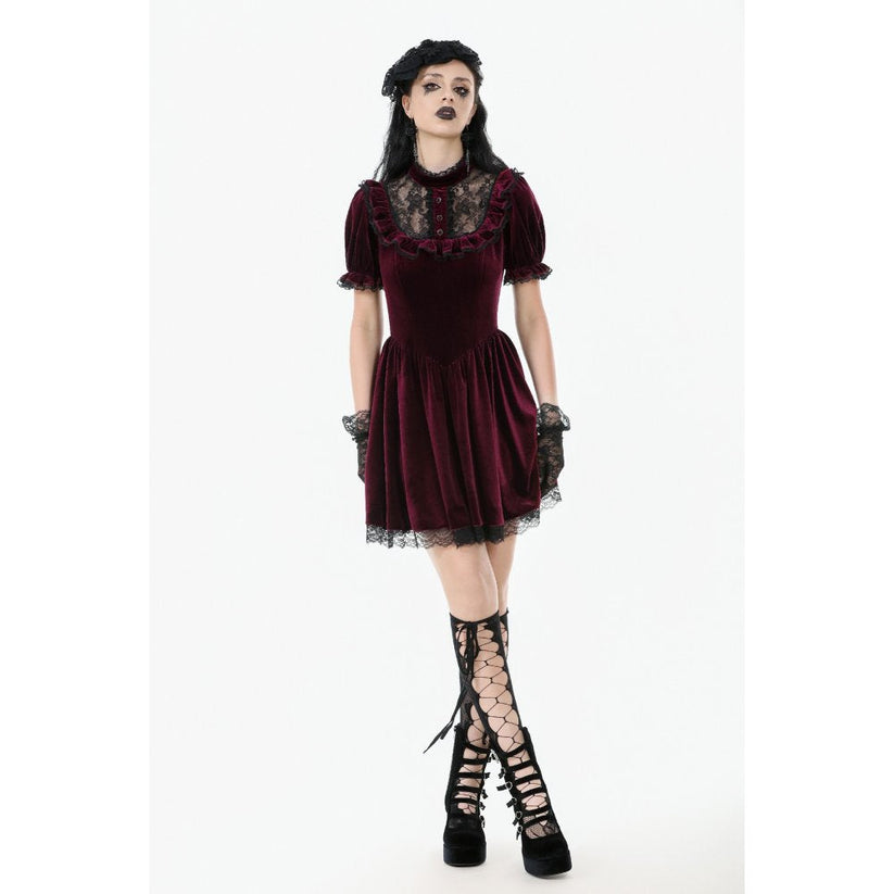 Dark in Love Gothic Dress Ophelia Lace Collar Burgundy Velvet UK 8-22 - Collar Detail - QHA UK