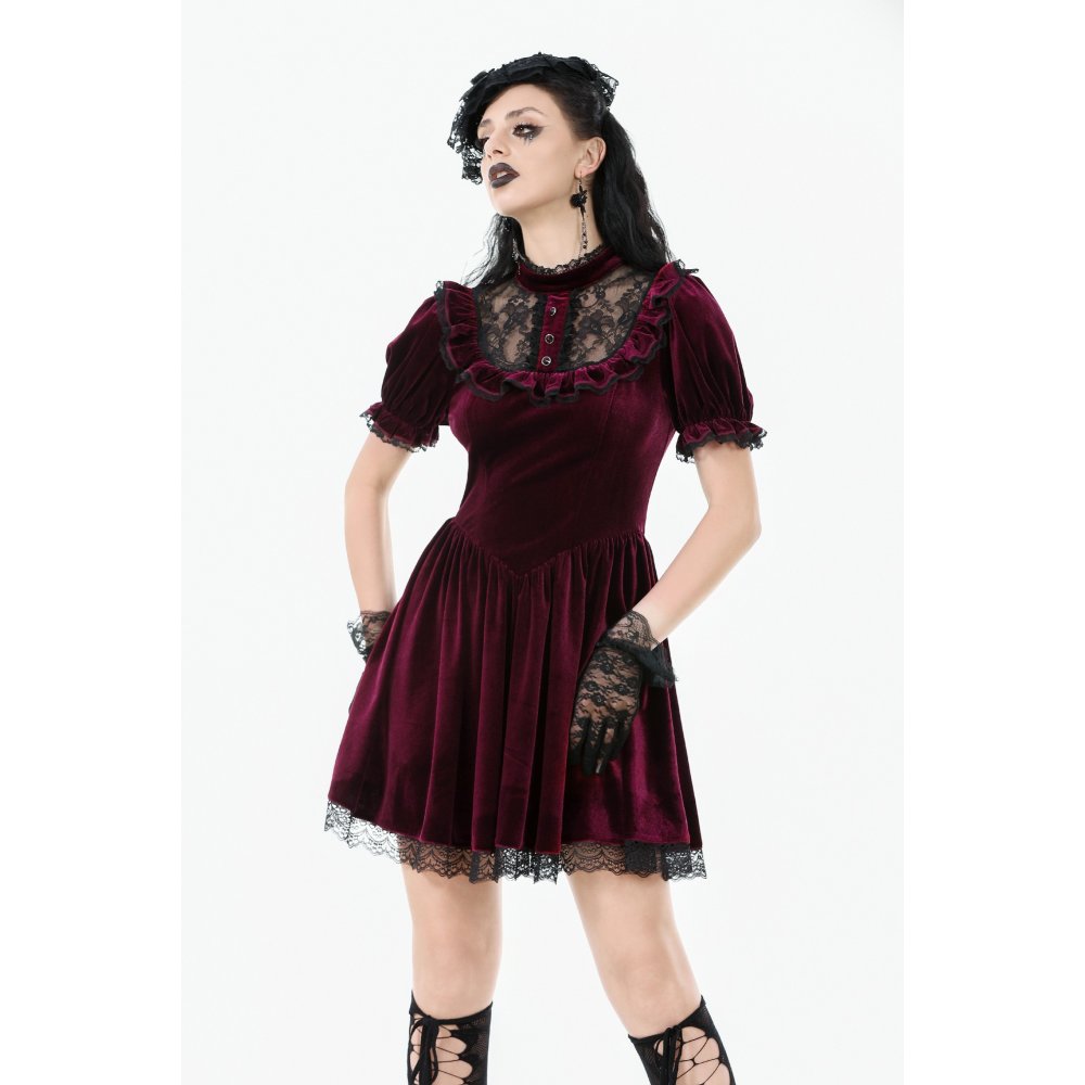 Dark in Love Gothic Dress Ophelia Lace Collar Burgundy Velvet UK 8-22 - Collar Detail - QHA UK