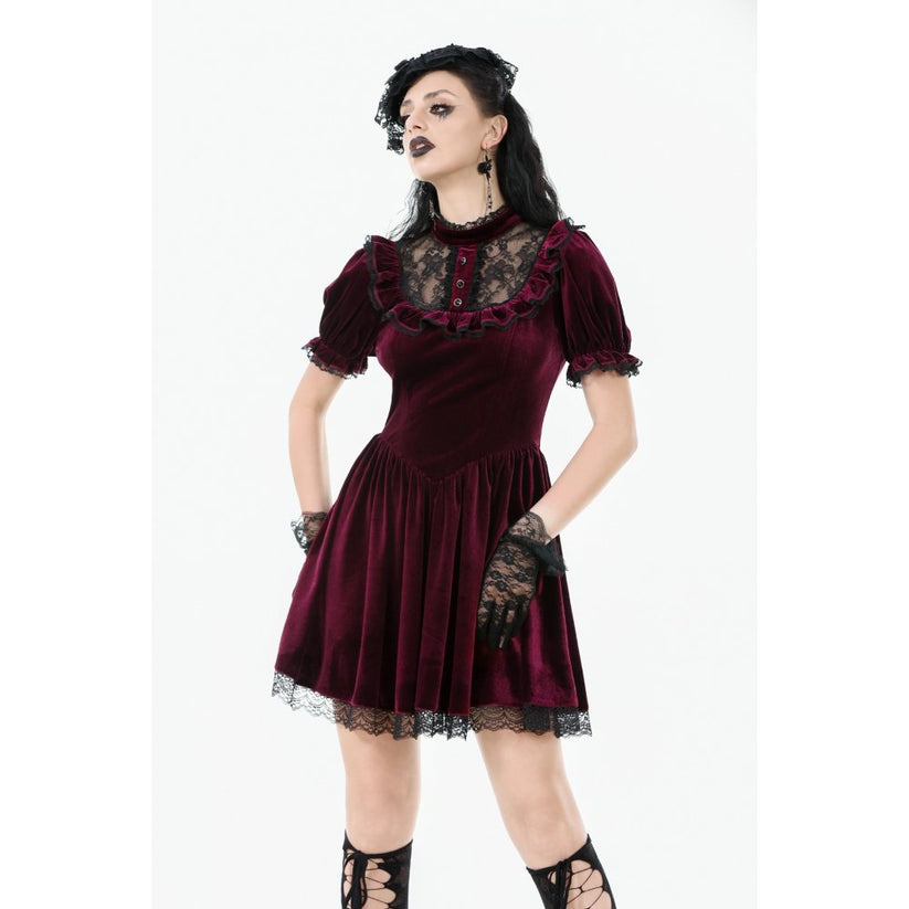 Dark in Love Gothic Dress Ophelia Lace Collar Burgundy Velvet UK 8-22 - Collar Detail - QHA UK