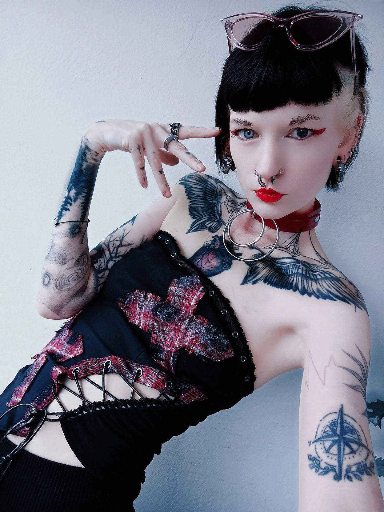 Dark in Love Women's Punk Vest Top Black and Tartan Cross Strap Nevida - QHA UK