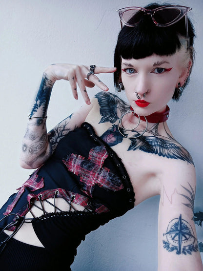 Dark in Love Women's Punk Vest Top Black and Tartan Cross Strap Nevida - QHA UK