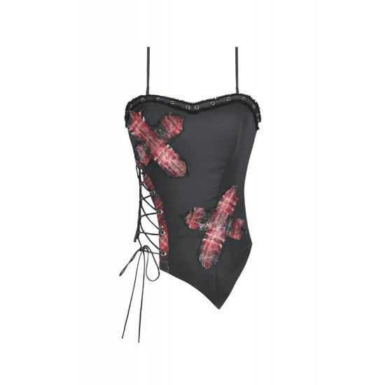 Dark in Love Women's Punk Vest Top Black and Tartan Cross Strap Nevida - QHA UK