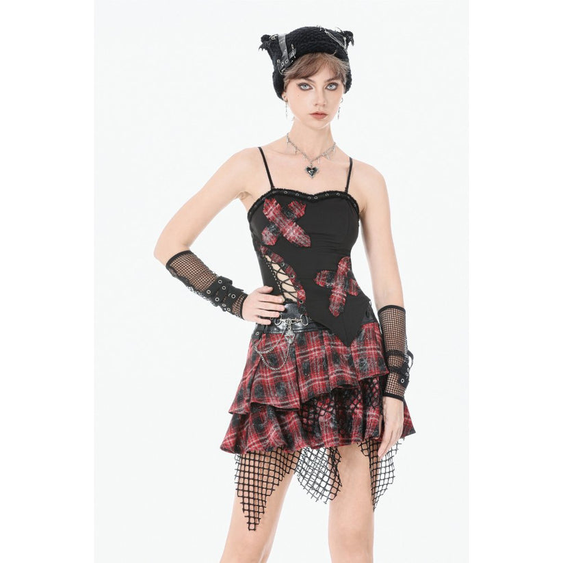 Dark in Love Women's Punk Vest Top Black and Tartan Cross Strap Nevida - QHA UK