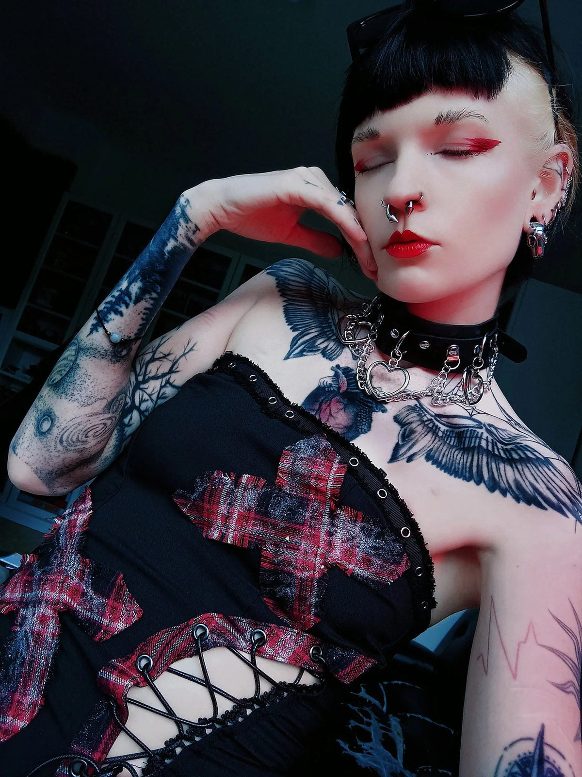 Dark in Love Women's Punk Vest Top Black and Tartan Cross Strap Nevida - QHA UK