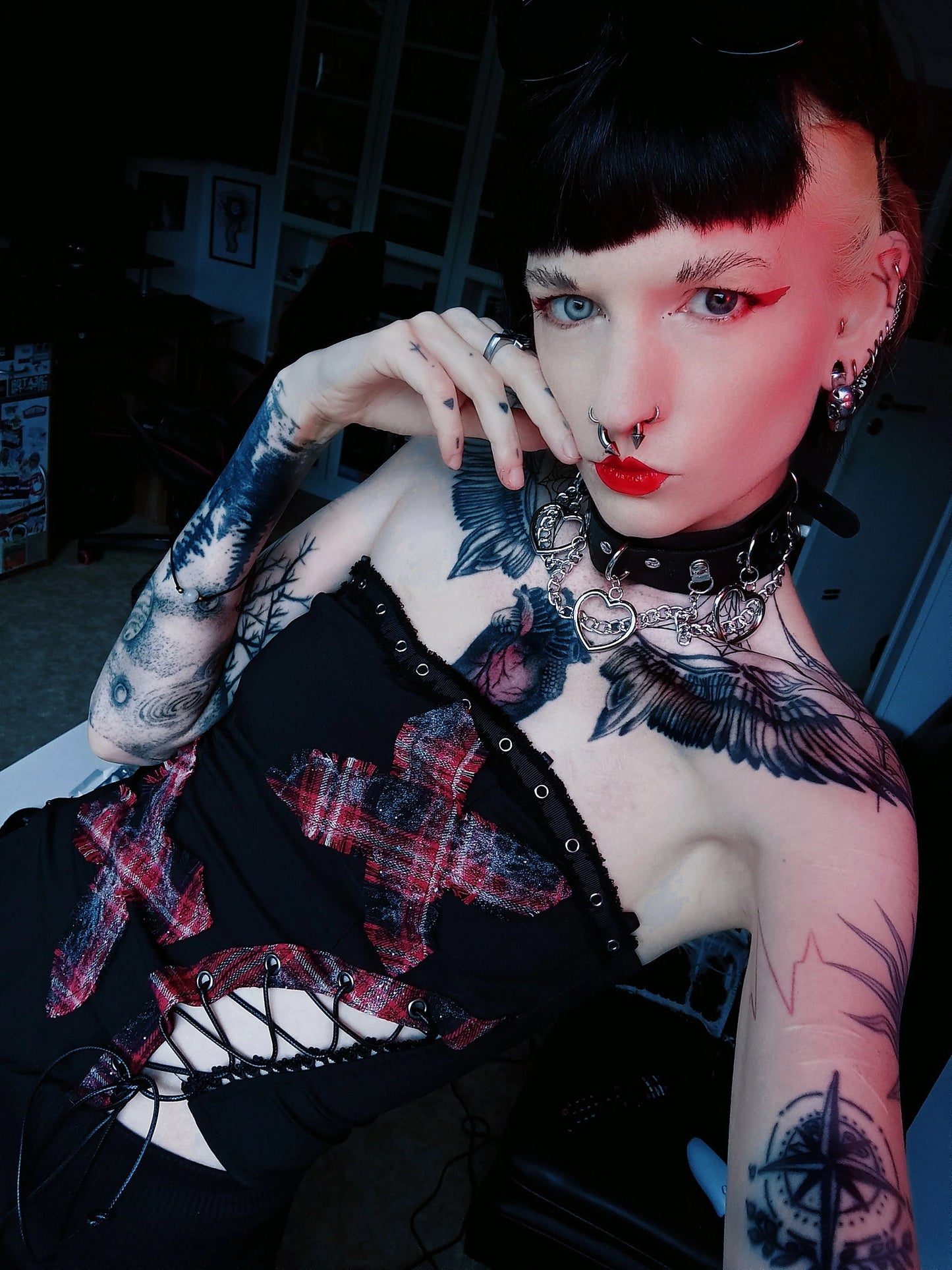 Dark in Love Women's Punk Vest Top Black and Tartan Cross Strap Nevida - QHA UK
